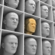 Many of the same people's heads in boxes. Uniformity, humanity, solitude
