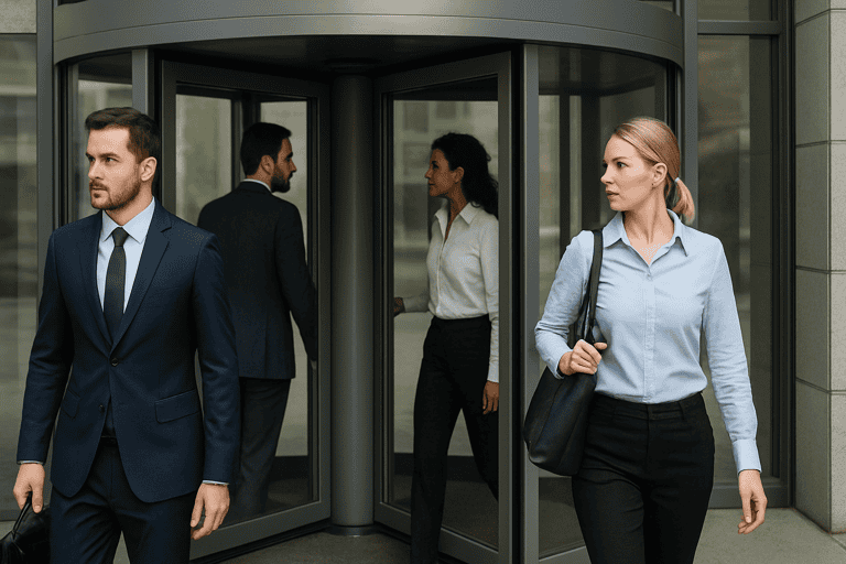 Staff turnover represented by a revolving door.