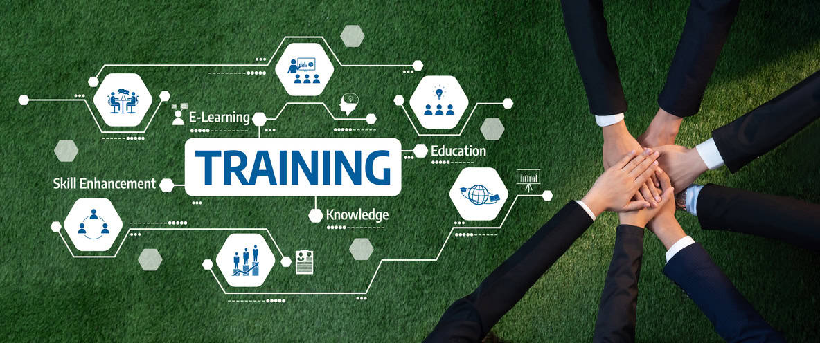 Collaborative Training Elements on Green Background Featuring Icons of Knowledge, Education, Skill Enhancement, and E-Learning Approaches. Amity