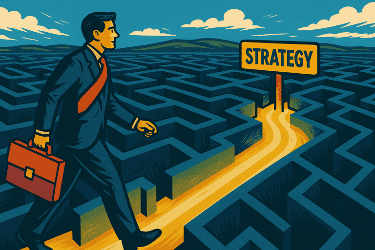 Businessman following a marketing strategy walking through a maze.