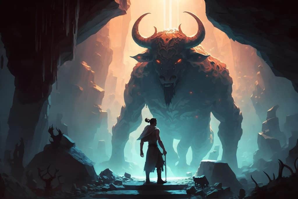Image of Theseus found the creature minotaur in cave labyrinth greek mythology tale.
