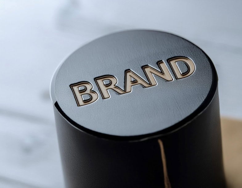 Close up image of a brand logotype on a product, highlighting brand identity, design, and marketing.