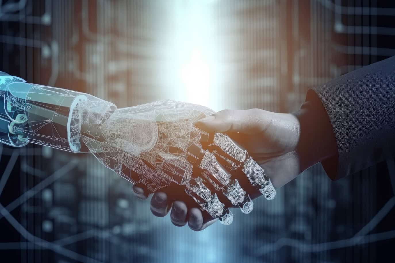 Ai and human hand shake. Machine handshake.