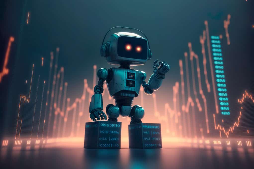 AI robot standing with Stock Market Investments growing bankground , Generative Ai