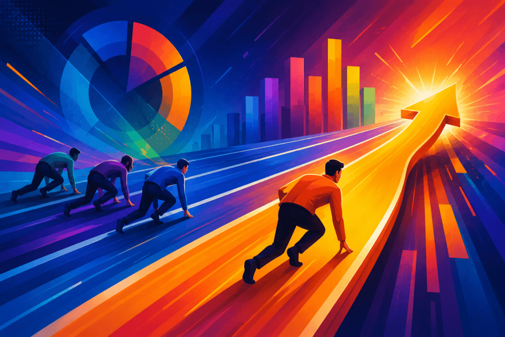 Graphic showing businesmen starting a competitive race