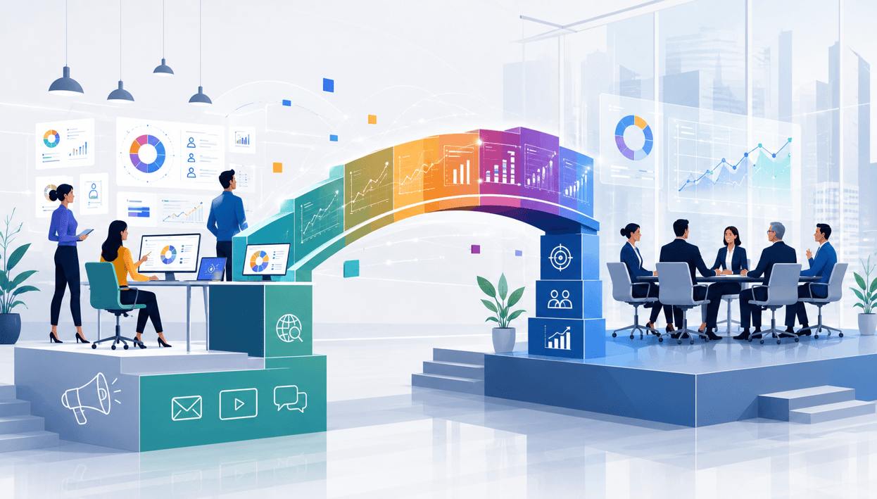 Graphical representation showing a bridge between the marketing department and the boardroom