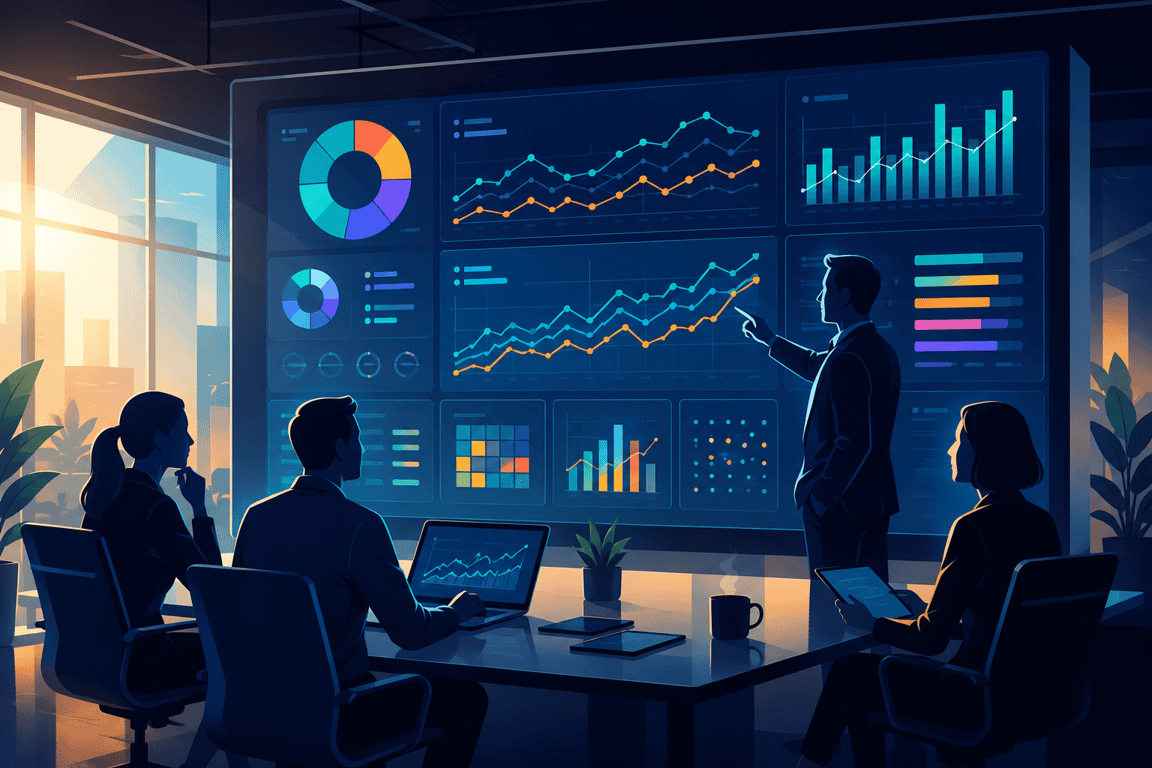 Graphic depicting marketeers discussing a performance dashboard
